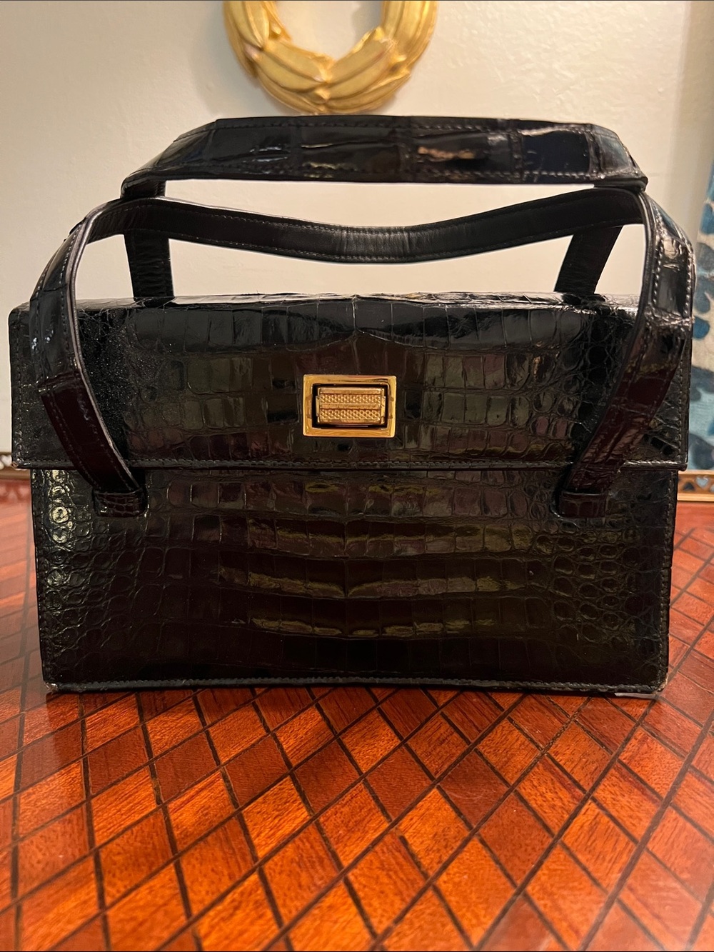 Vintage and rare Classic Black Croc-Embossed Top-Handle Bag with Gold Accent